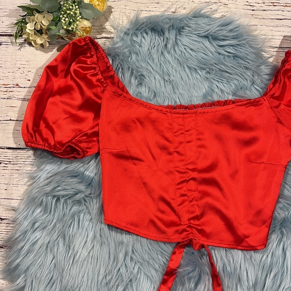 Resa Red Satin Pull Front Puff Sleeve Crop Top - Picture 6 of 6